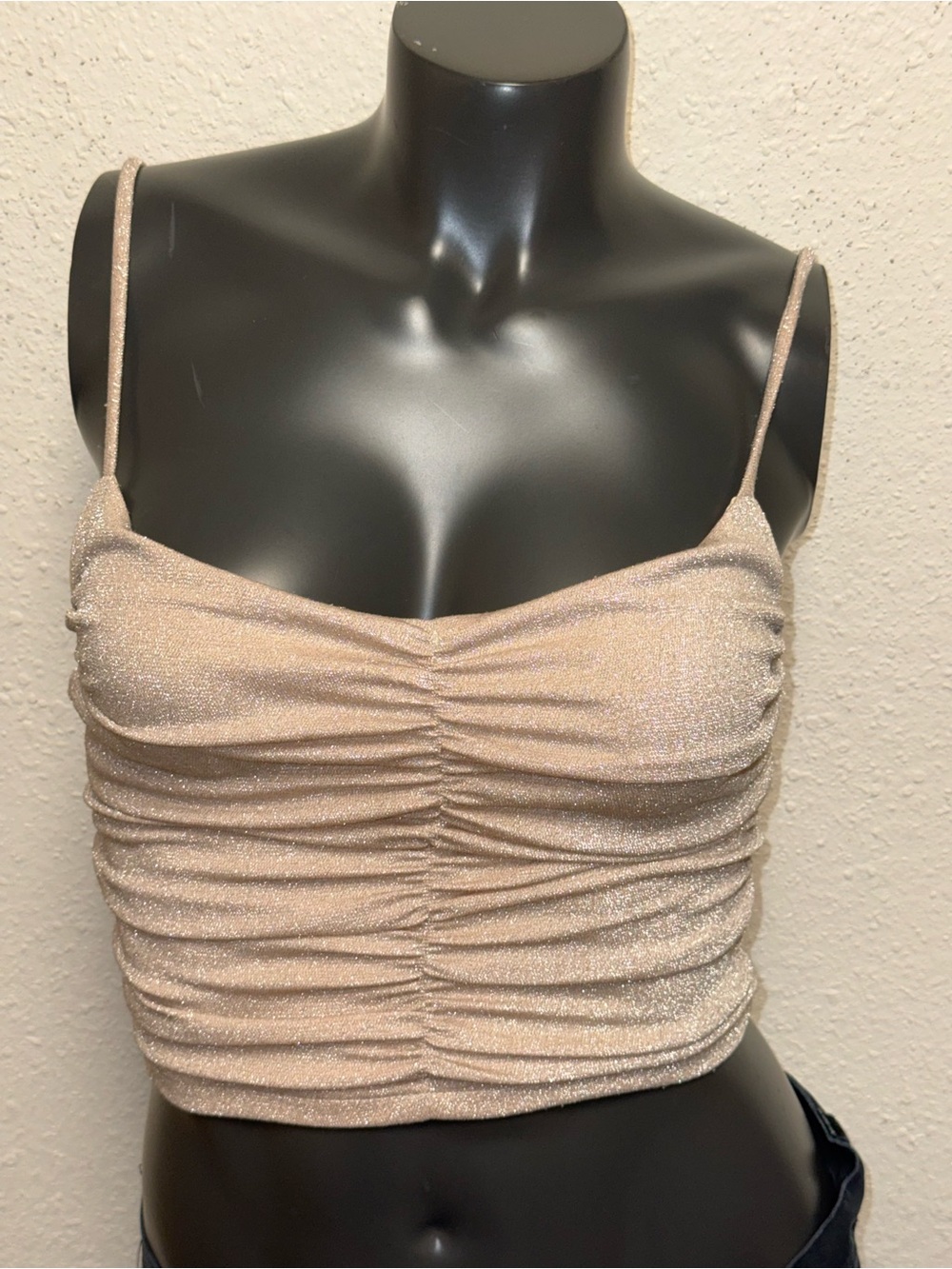Princess Polly Shimmery Ruched Spaghetti Strap Crop Top - Nude